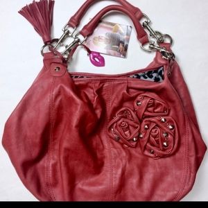 Betsey Johnson Red Leather Hobo Studded Rose Purse